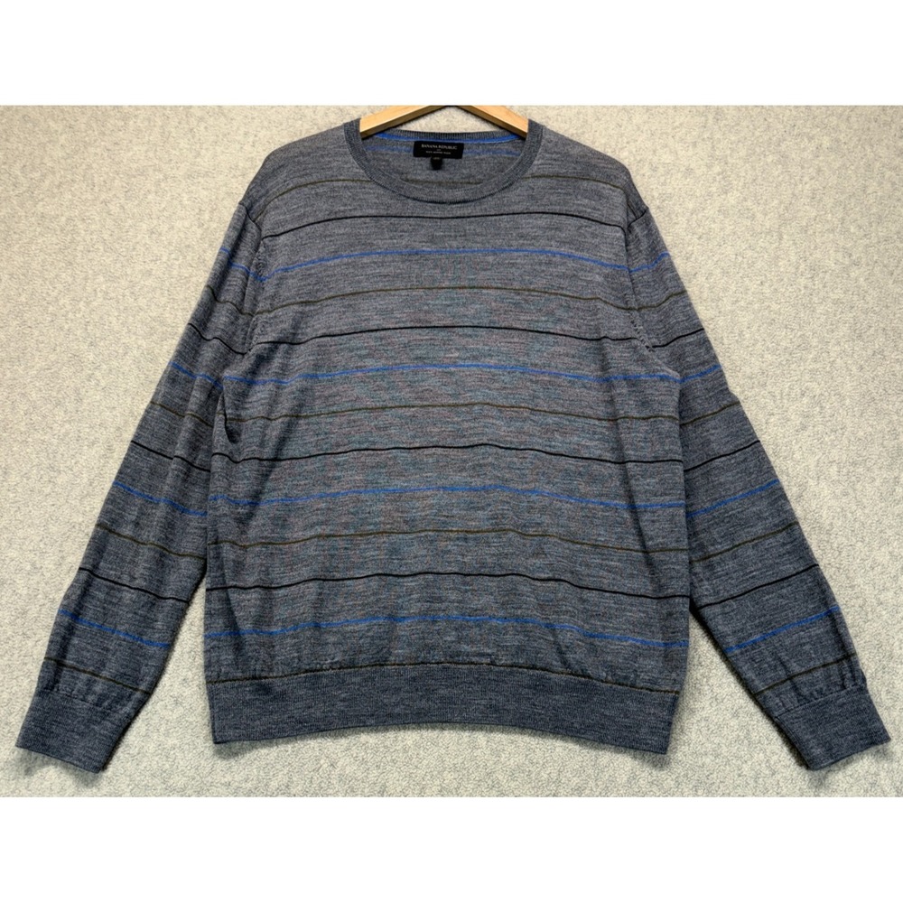 Banana Republic Mens Pullover Sweater Gray Striped Merino Wool Long Sleeve XL‎